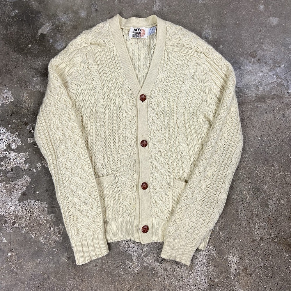 Vintage 80s Iron Wood Trading Company Cardigan Size Medium Cream Cable Knit